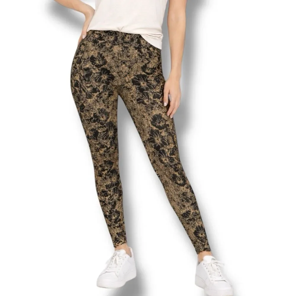 Free‎ People Gold Metallic Ornate Floral Print Leggings Black Boho